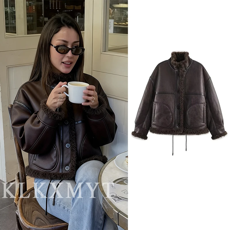

Women's Solid Color Jacket 2025 Women Long Sleeve Fur One-Piece Jacket High Street Short Coats Lady Autumn New Outerwears