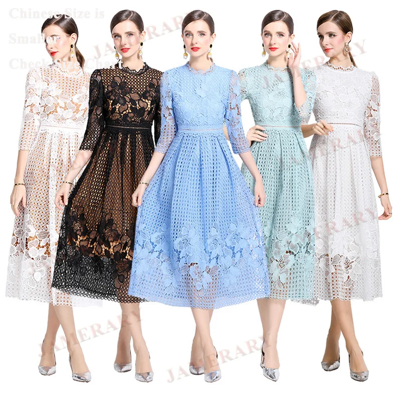 

Elegant Summer Lace Long Dresses Women Embroidery Formal Evening Party Dress Flower Autumn 3/4 Sleeve Midi Vestidos Brand