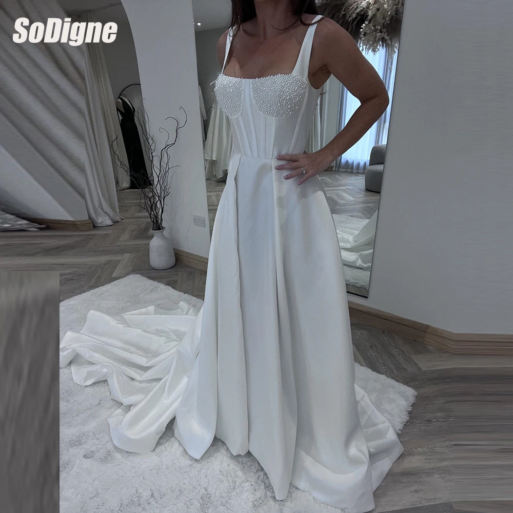    SoDigne – robe de mariée trapèze en Satin, col carré, sans manches, avec perles, personnalisée, 2026