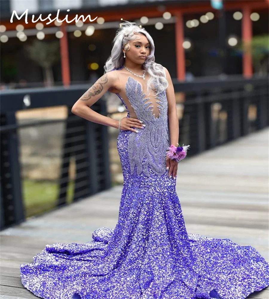 Lilac Black Girls Prom Dresses Mermaid Sparkly Intricate Leaf Sequin Evening Gowns Luxury Fifteen Birthday Party Wear Customized