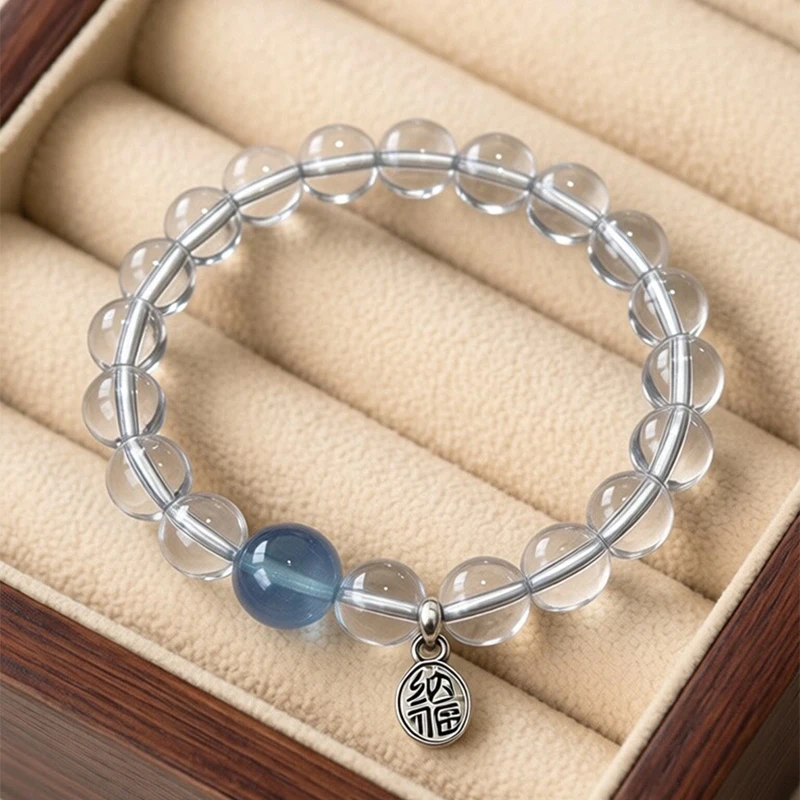 

High transparency natural white crystal bracelet embellished with sea blue treasure, 8.5-10.5mm minimalist Nafu style bracelet