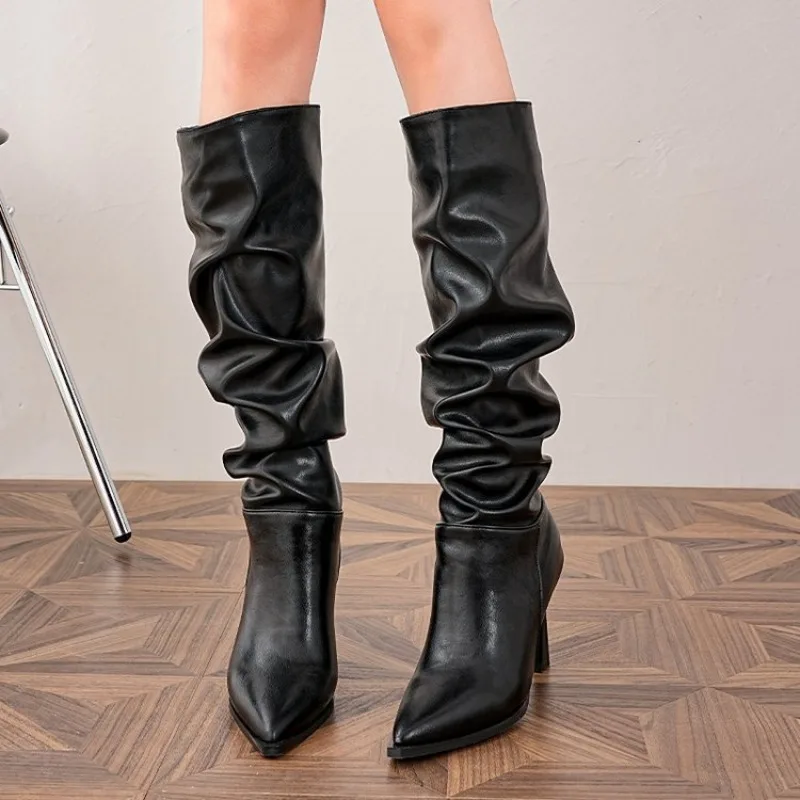 

Knee-high Boots Women Fashion Pointed Toe Black Side Zipper Thin High Heels Female Shiny Pleated High Heel Botas Plus Siz 41 42