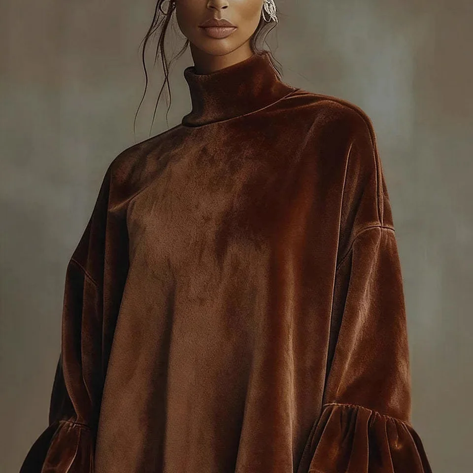 여성용 벨벳 터틀넥 스트레이트 드레스 레오파드 플레어 슬리브 루즈 빈티지 우아한 드롭 슬리브 가을 레트로 미니 드레스