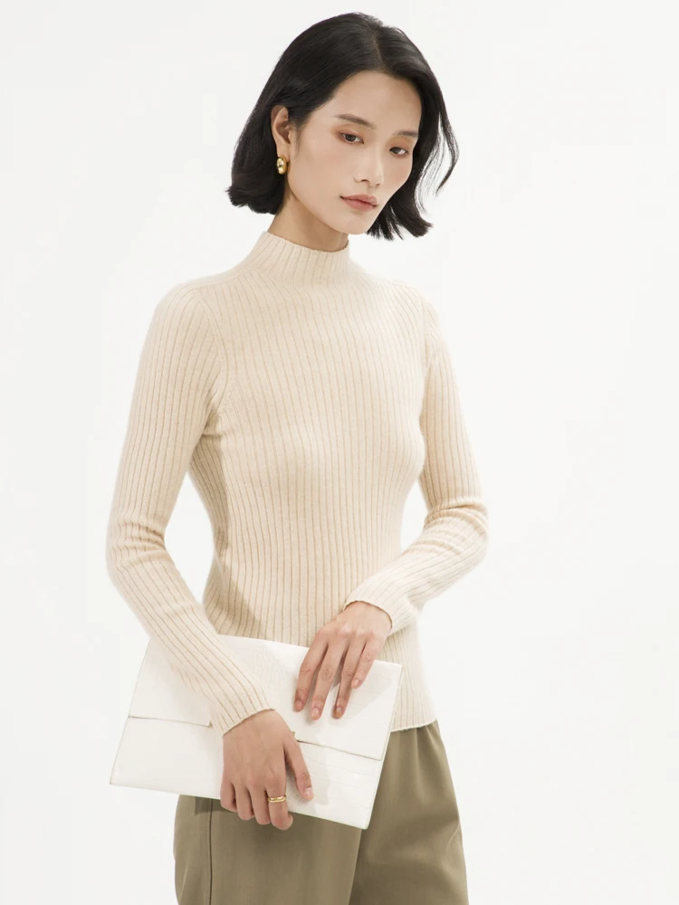 Basic Pullover Autumn Winter Women Sweater 100% Cashmere Sweater Mock Neck Slim Pullover Knitted Strip-Shaped Lines Inside Join