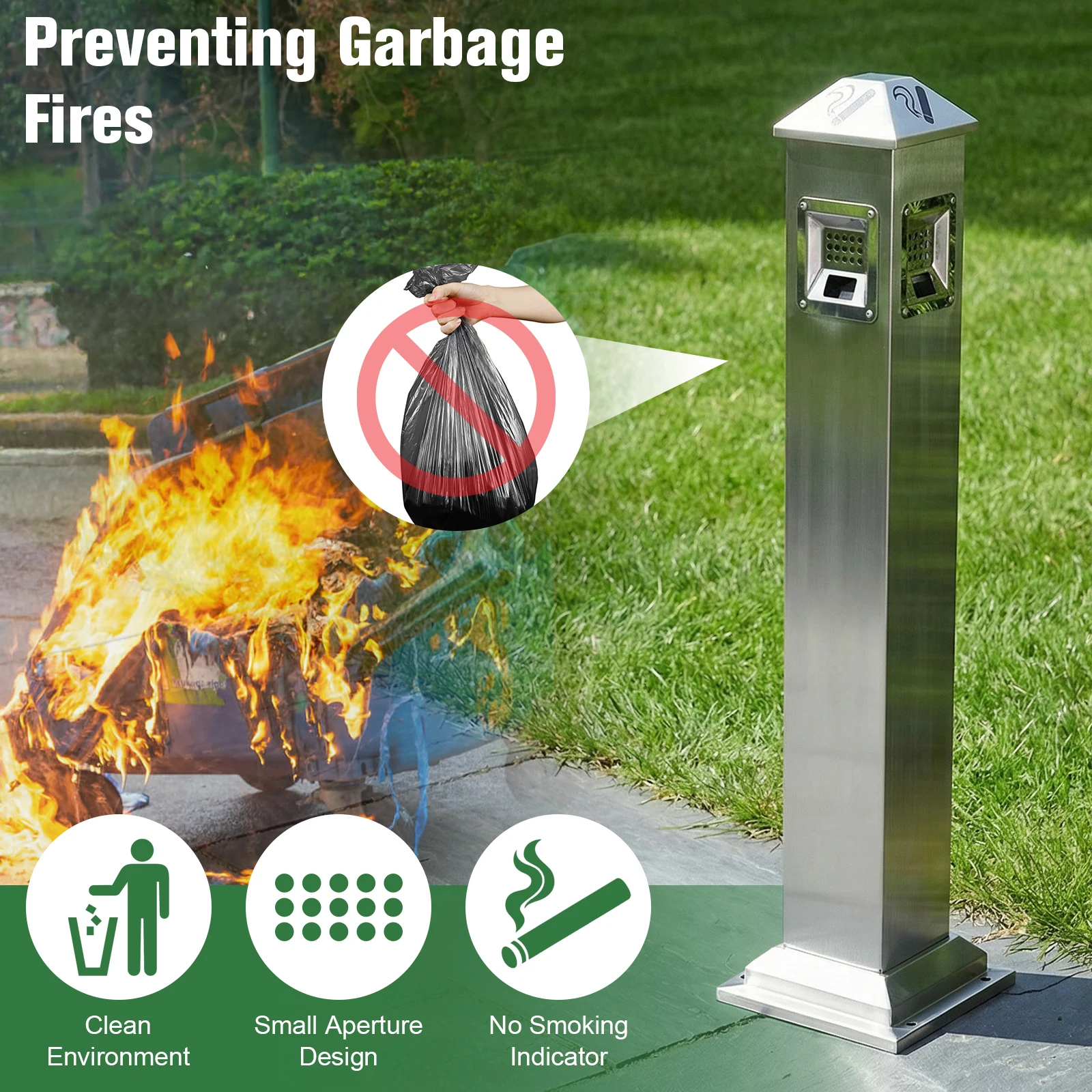 

Outdoor Trash Ash Receptacle 9.84x9.84x43.7Inch Stainless Steel With Key Lock Inner Bucket For Home Hotel Office Pool Outside