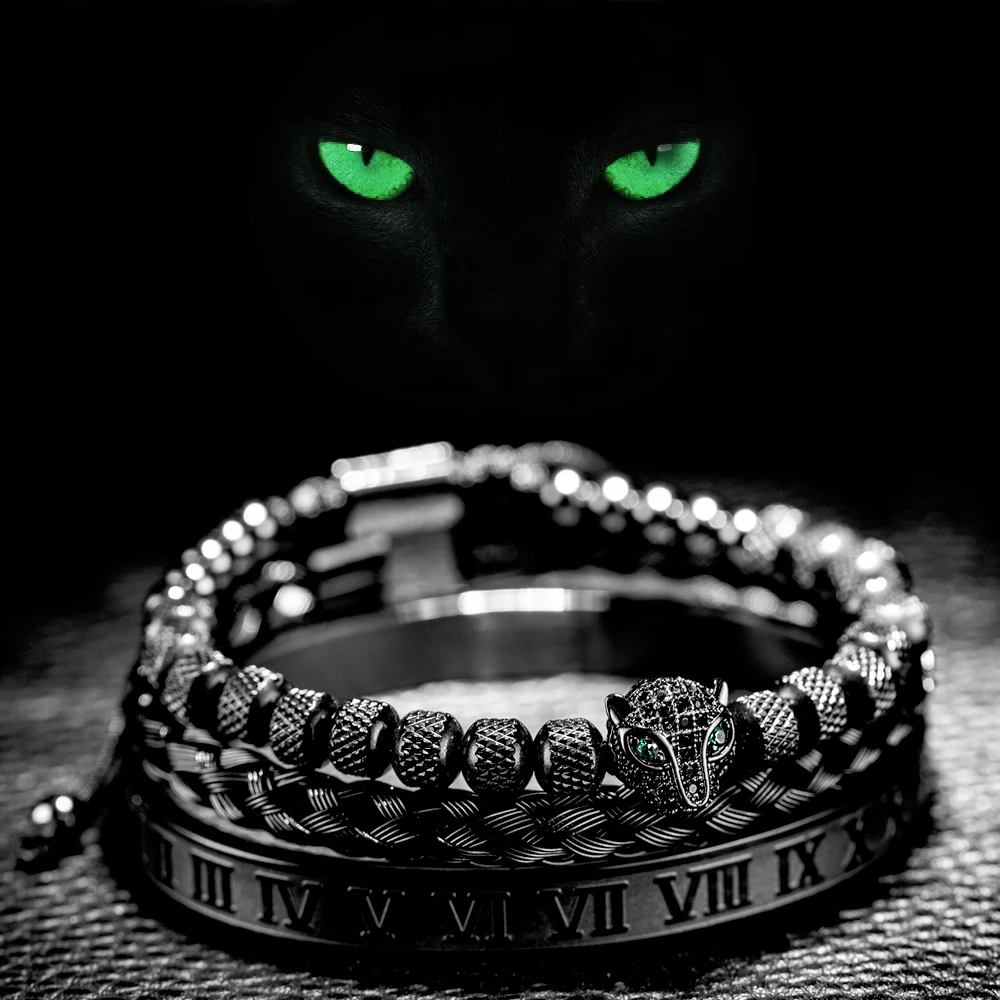 3pcs/set Classical Handmade Braiding Bracelet  Hip Hop Men Pave CZ Leopard Head Roman Numeral Bracelet Stainless Steel Jewelry