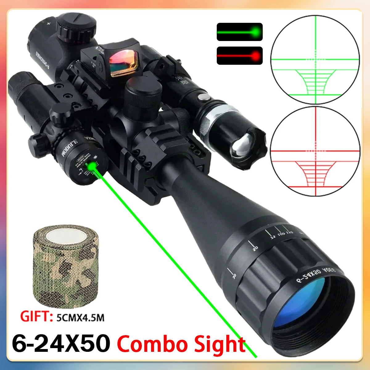 Tactical 6-24x50 AOEG Optical Sight Long Range Rifle Scope with Red Green Dot Laser Combo Riflescope Hunting Airsoft Scopes