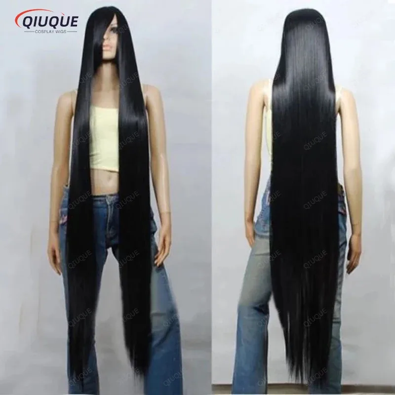 LQ200cm/79 "150 سنتيمتر/59" 120 سنتيمتر/47 "100 سنتيمتر/39" 80 سنتيمتر/32" أسود طويل مستقيم شعر مستعار مقاومة للحرارة الاصطناعية الشعر تأثيري الباروكات + غطاء شعر مستعار #1