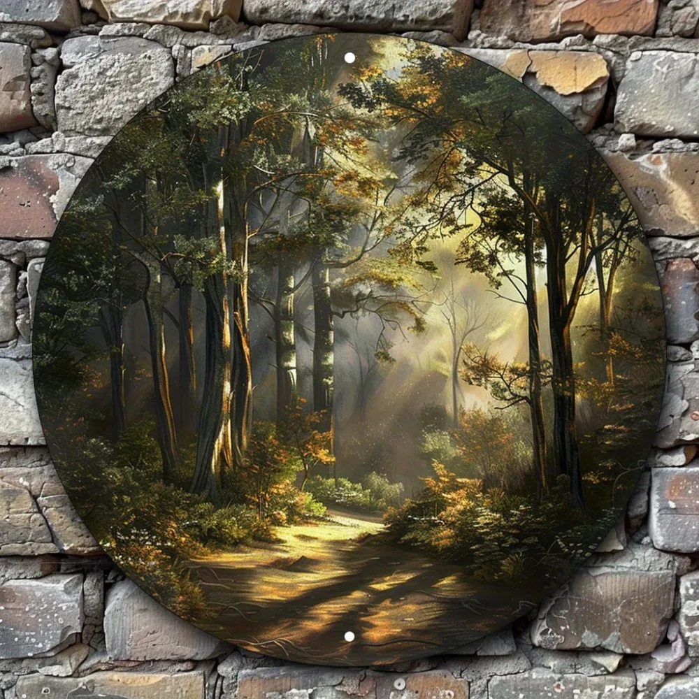 

Aluminum Forest Scene Wall Art, Round Weather-Resistant Metal Decor, Sunlit Woods Clearing, Ideal for Bridal Shower, Birthday