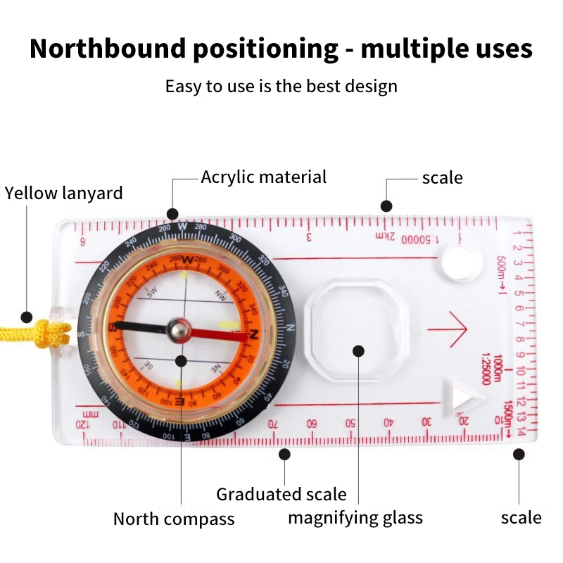 Règle d'échelle de boussole portable, règle de carte multifonction avec lanière pour le camping en plein air, la randonnée