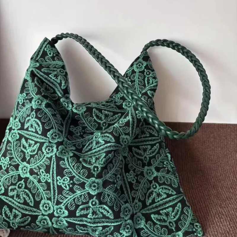 Тканая холщовая сумка с вышивкой Green Forest, большая вместительная оригинальная нишевая тканевая сумка ручной работы, универсальная простая большая сумка для женщин