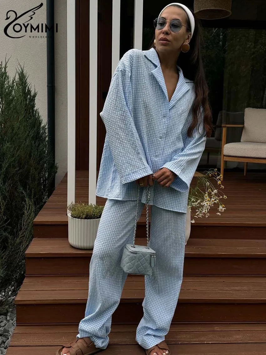 Oymimi Fashion Blue Print 2 Piece Sets Women Outfit Elegant Long Sleeve Button Shirts And High Waisted Straight Trousers Sets