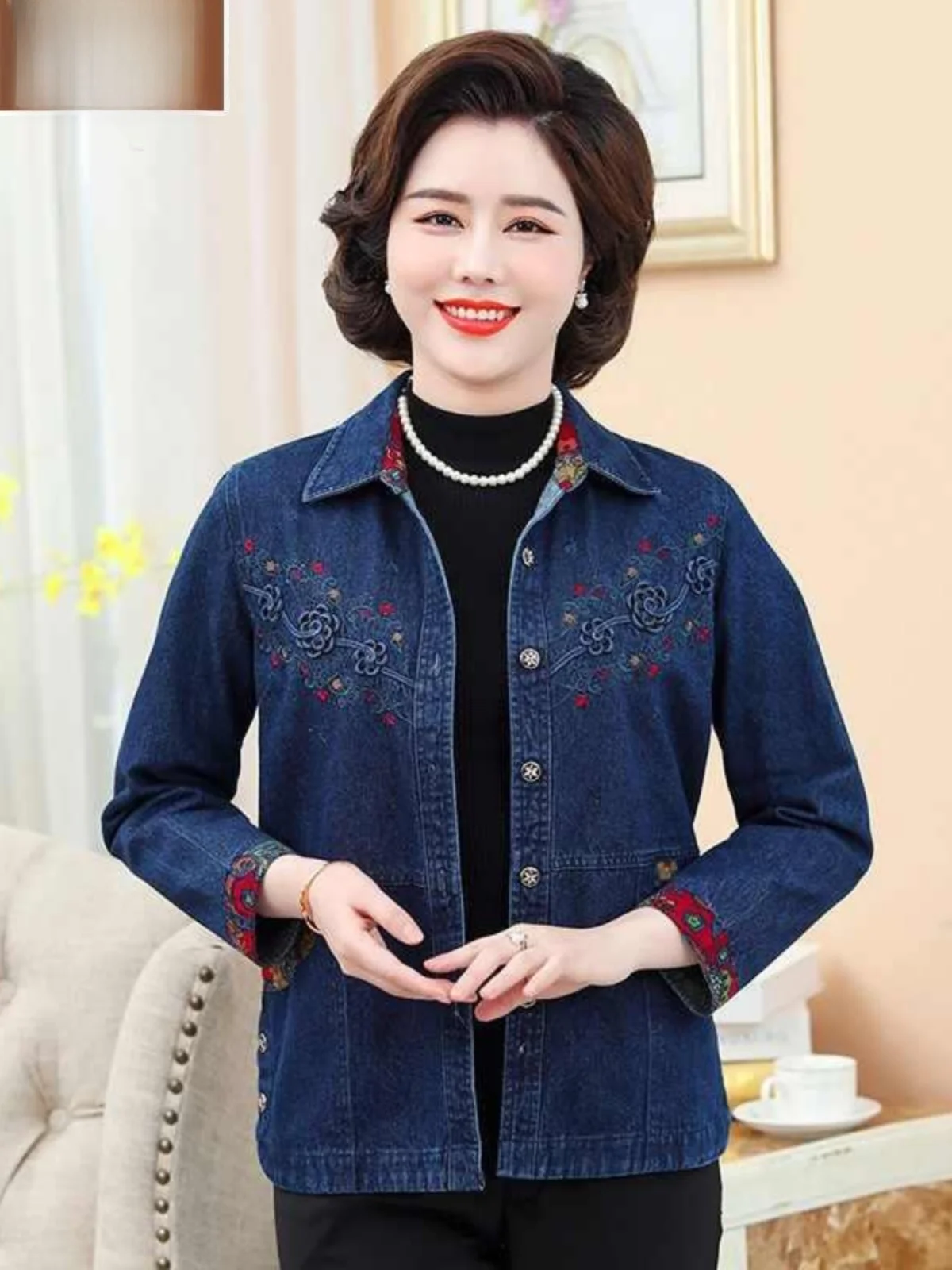 ルーズフィット純綿デニムジャケット中年女性用春秋ママ服フルコットン生地ファッショナブル…