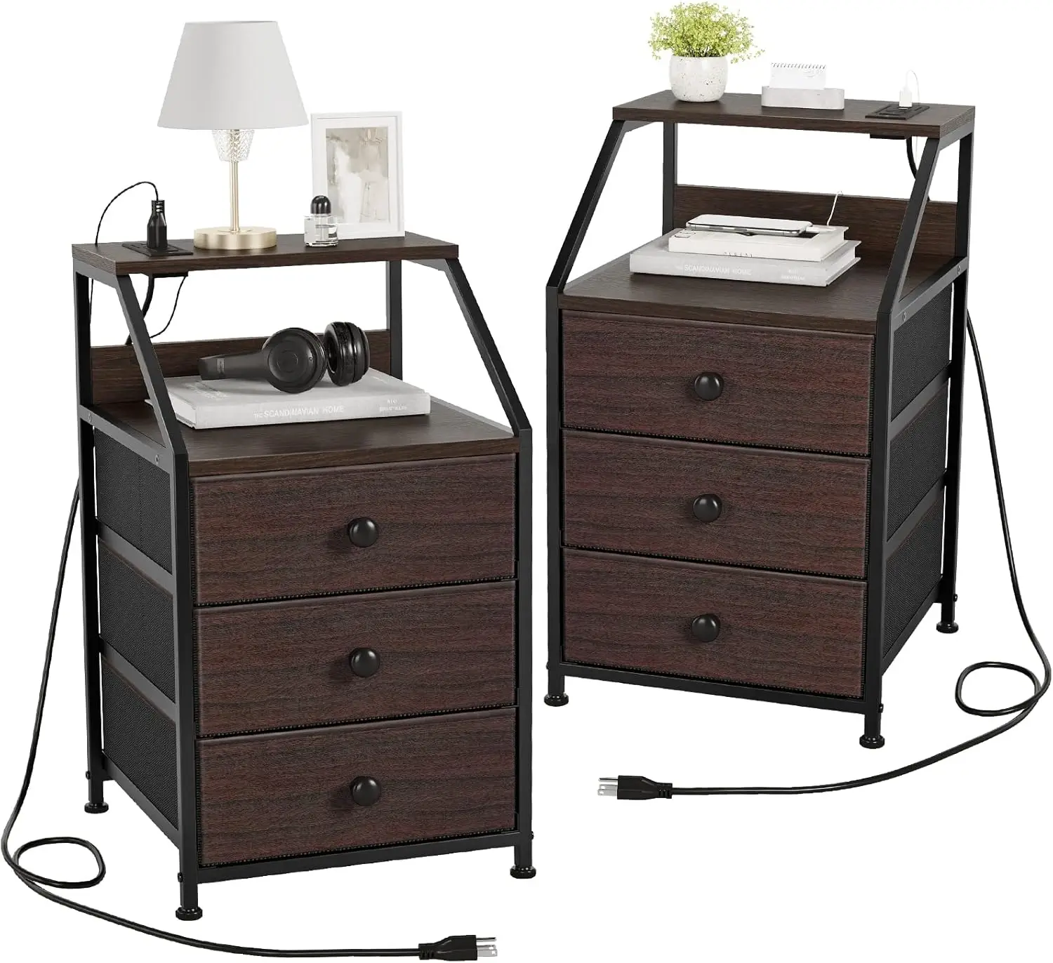 REAHOME Nightstand Set of 2, Brown Night Stands with Charging Station, Bedside Tables with 3 Fabric Drawers and 2-Tier Storage S