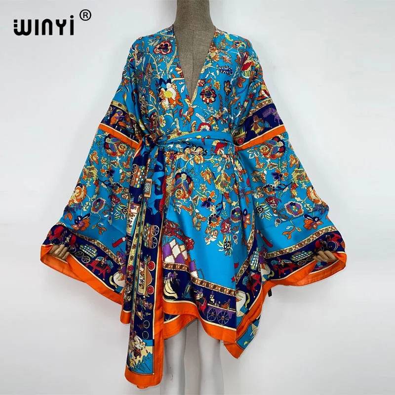 2022 WINYI Women beach swimsuit Cardigan Long Dress cover up Party Bohemia African blog Holiday long Sleeve Summer kimono Robe