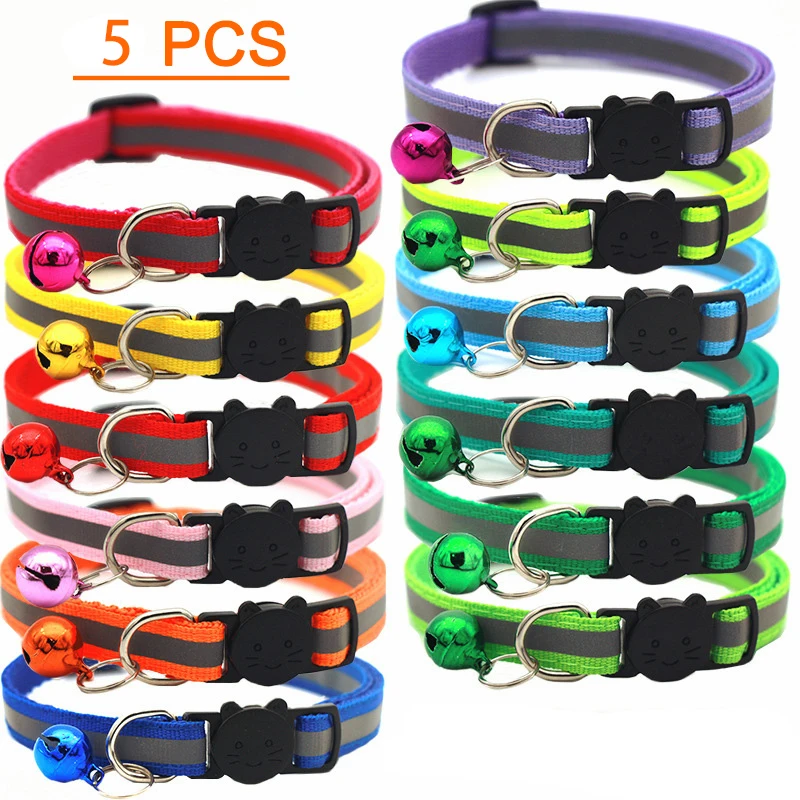 5Pcs Cat Collar With Bell Adjustable Cat Necklace Pet Reflective Patch Collars for Cats Personalized Dog Collar Cats Accessories