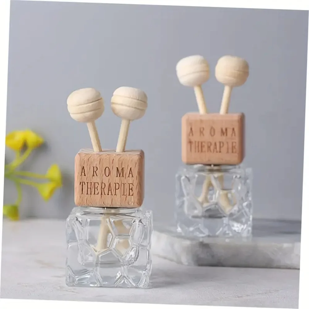 0.27oz Water Cube Air Outlet Perfume Empty Bottle Car Glass Diffuser Bottle Wooden Cap Freshener With Clip Vehicle Fragrance Dec