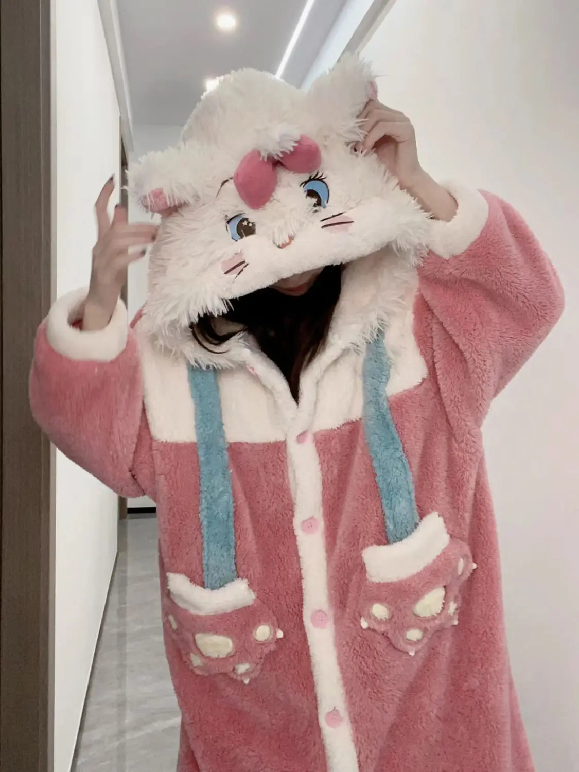 Winter Fleece Long Robes with Bow Ear Hooded Loose Pajama Top Thick Warm Kawaii Sleepwear Cute bathrobe women night gown