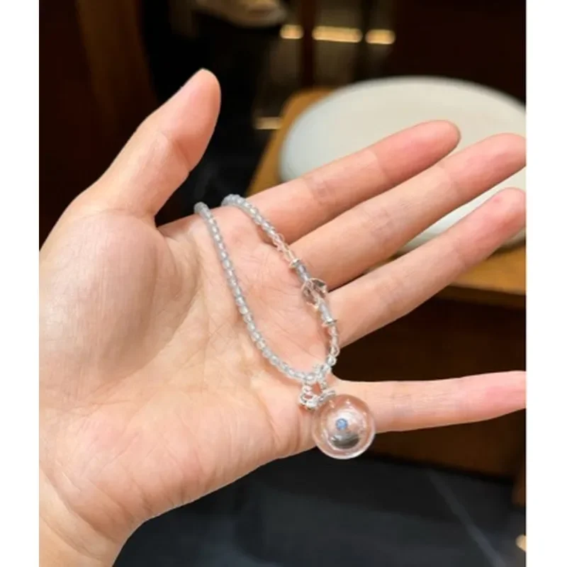 White crystal safety buckle necklace, blue topa cut bead chain, elegant and fresh girl crystal necklace.