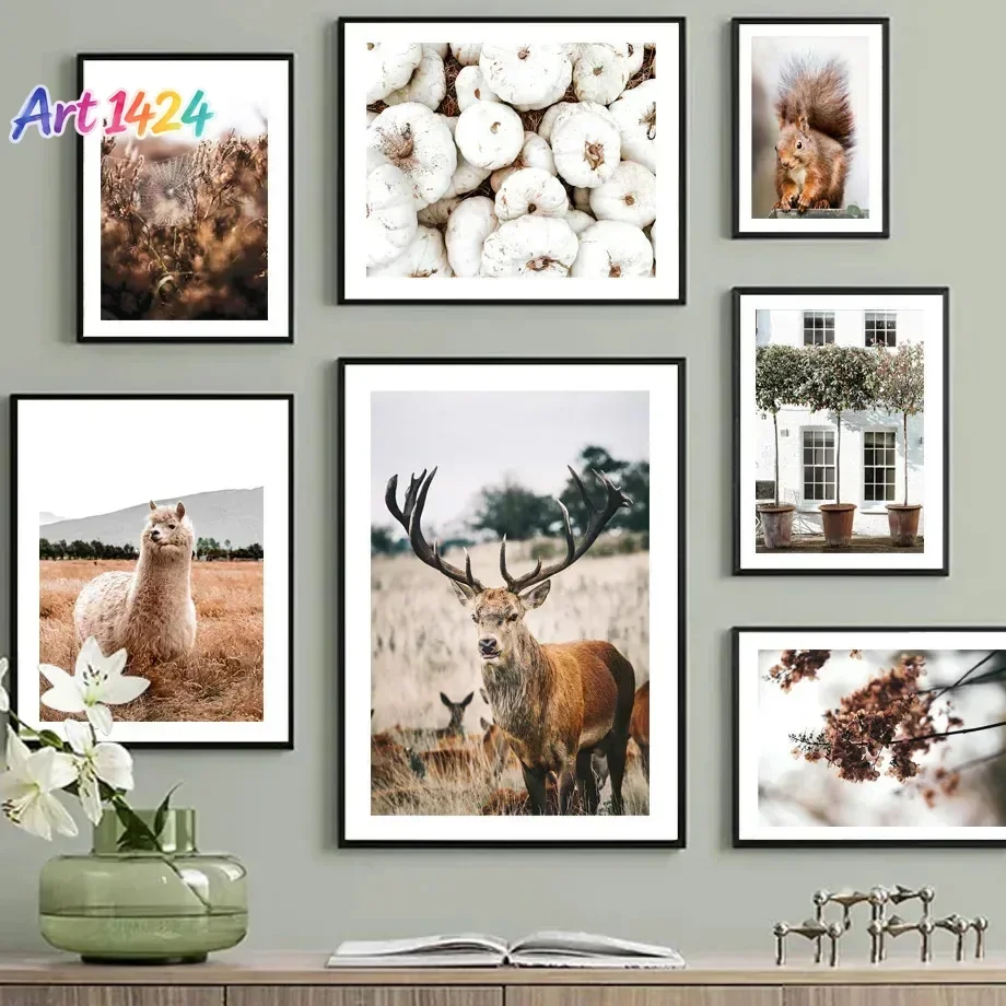 1pc frameless Canvas painting Nordic Palm Leaf Grass Sheep Deer Alpaca Pumpkin Bike Fall Poster Print Canvas Painting Wall Ar