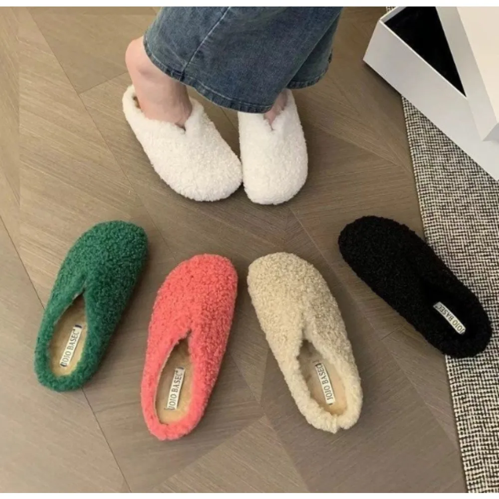 Women Winter Home Fur Slippers Artificial Lamb Wool Non-Slip Soft Warm House Indoor Bedroom Girl Memory Foam Floor Shoes Zapatos