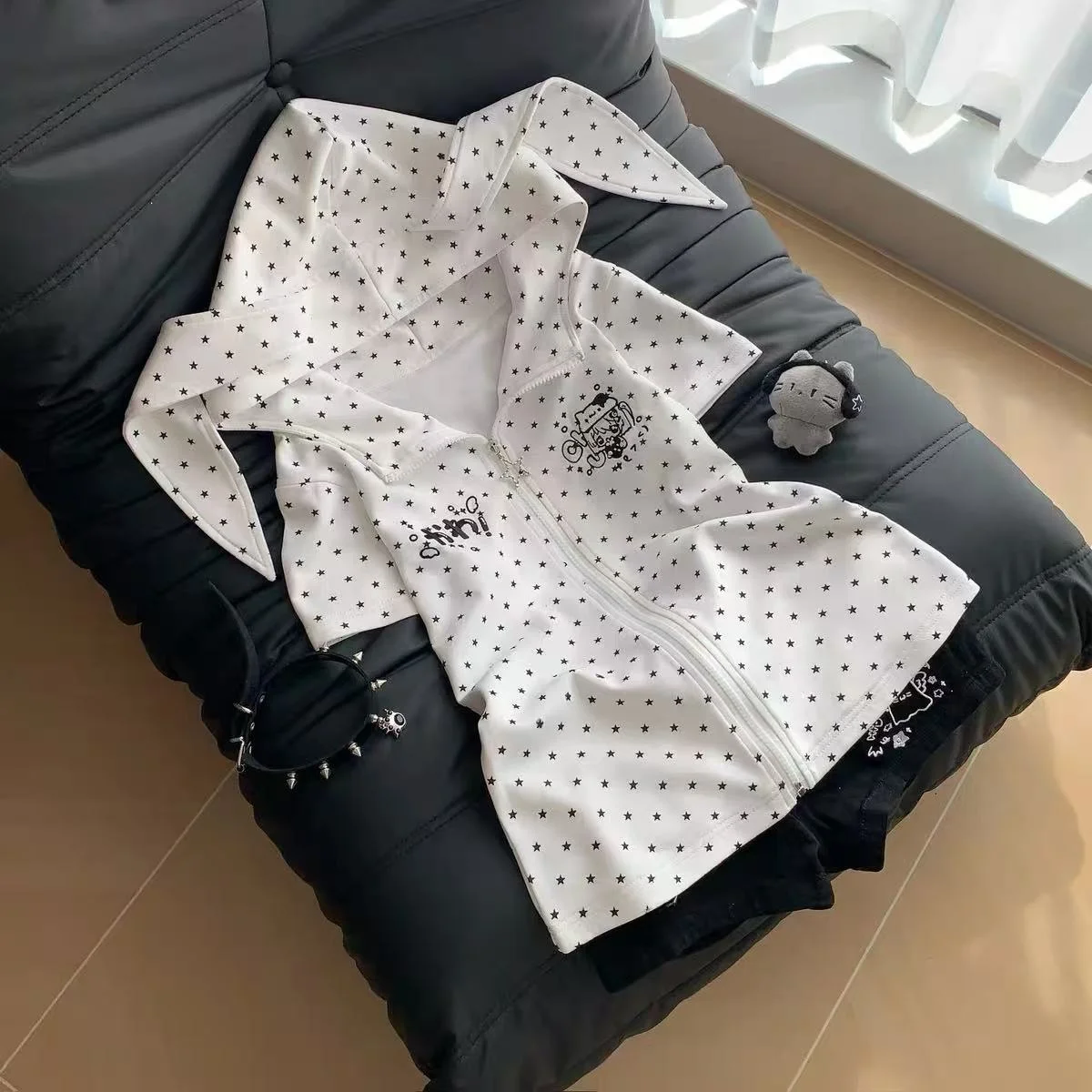 Kawaii Rabbit Ear Hoodie Zipper Short Sleeve Star Print Streetwear Spring Summer Trendy Cultural Outerwear Female Student Uni...