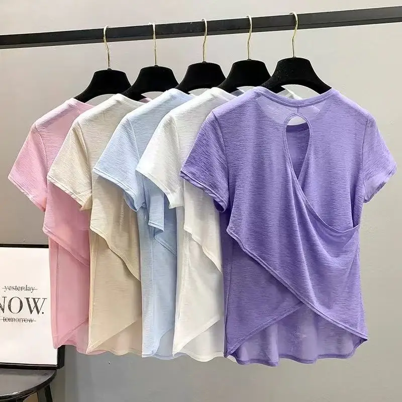 

Women's Quick Drying Hollow out Back Sports T-Shirt Yoga Suit Top Short Sleeve Fitness Cover up