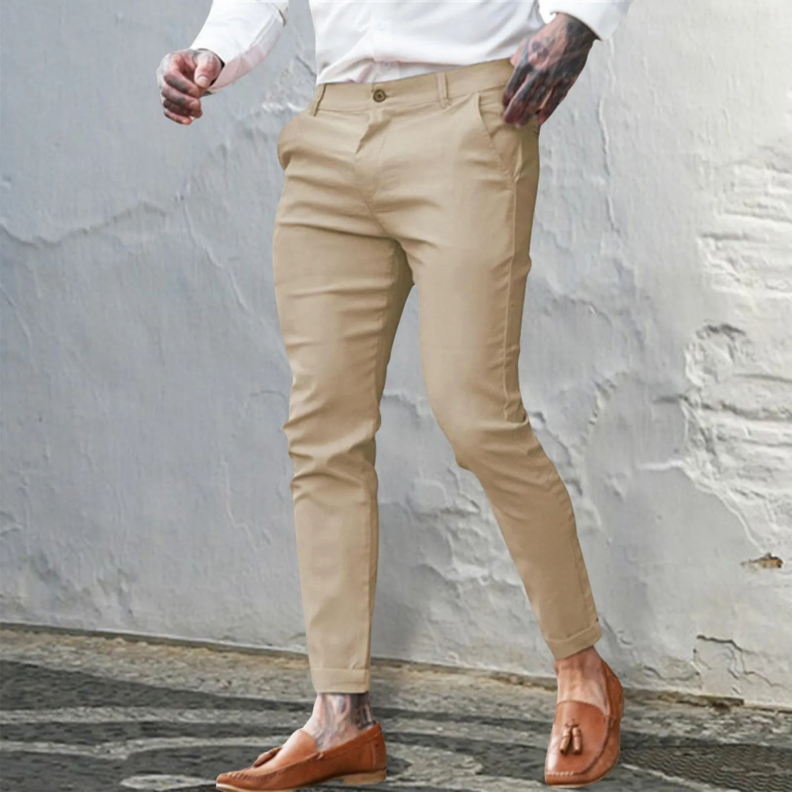 Men Spring Pants Stylish Men's Slim Fit Ninth Pants with Pockets Zipper Closure Comfortable Streetwear Trousers for Ankle Length