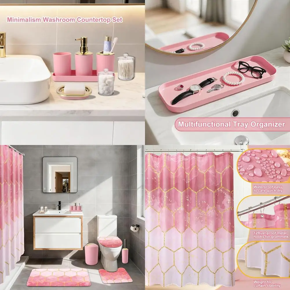

Complete Pink Bathroom Set: Shower Curtain, Rugs, 25pc Accessories - Trash Can, Soap Dispenser, Dish, Brush, Holders, Cups, Tray