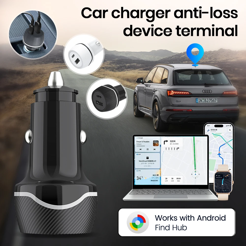 Mini Car Charger GPS Locator Tracker Cigarette Lighter USB Phone Charger Type C Find My IOS & Android Google HUB Fast Charging