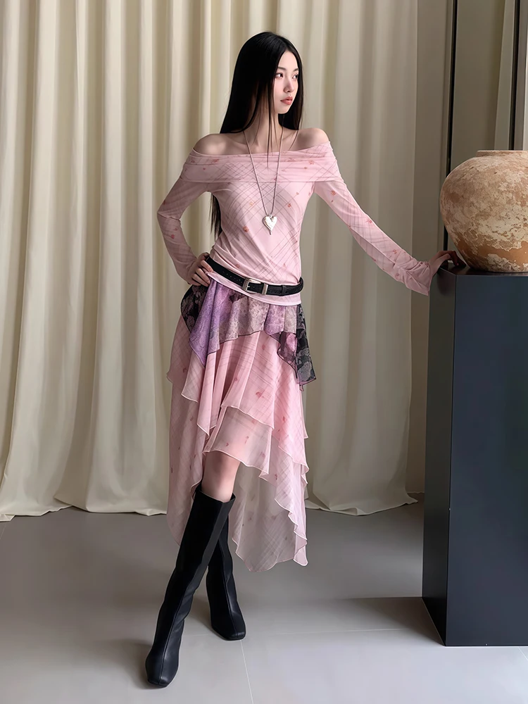 REDDACHiC Tartan Floral Top Skirt Matching Set Women One-Shoulder T-Shirt Irregular Ruffle Flowy Long Skirt Retro Y2k Clothes