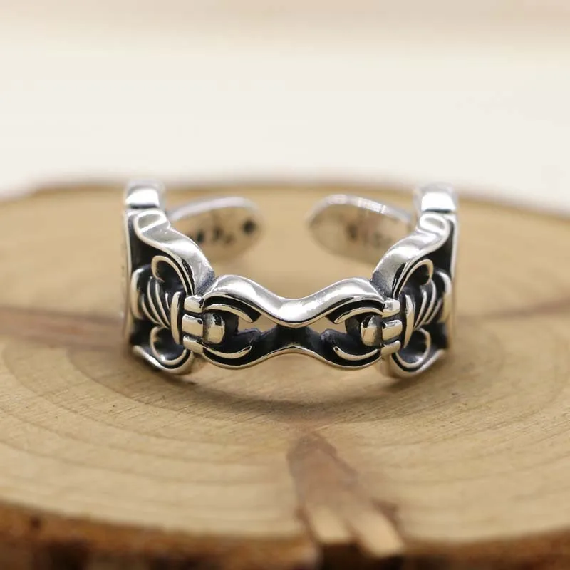 Thai silver 925 pure silver ruffian handsome double sword open ring with trendy silver decoration punk European and American sty