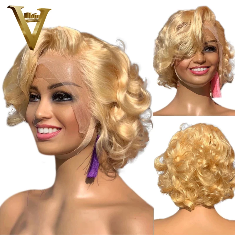 

Short Bob Cut Loose Wave 613 Honey Blonde Color 4X4 Lace Closure Human Hair Wigs For Black Women Frontl Wig Indian Preplucked