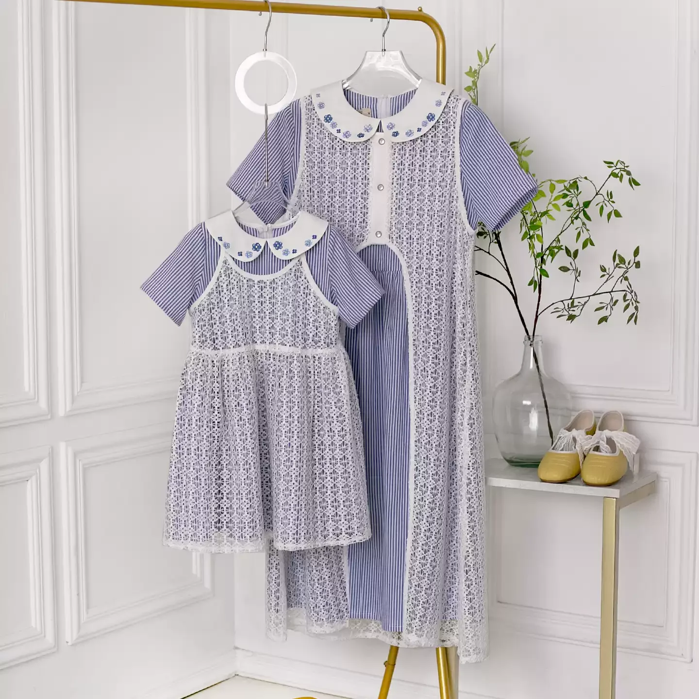mother kids blue stripe peter pan collar Family look family matching outfits mom daughter dress summer new in matching sets