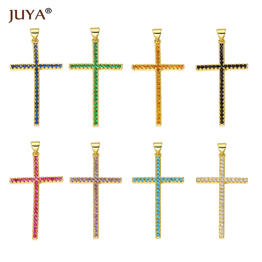 JUYA Hip Hop Fashion Religion Cross Pendant Necklace 8 Color Crystal Zircon Metal Copper Crafts Making Jewelry DIY Accessories