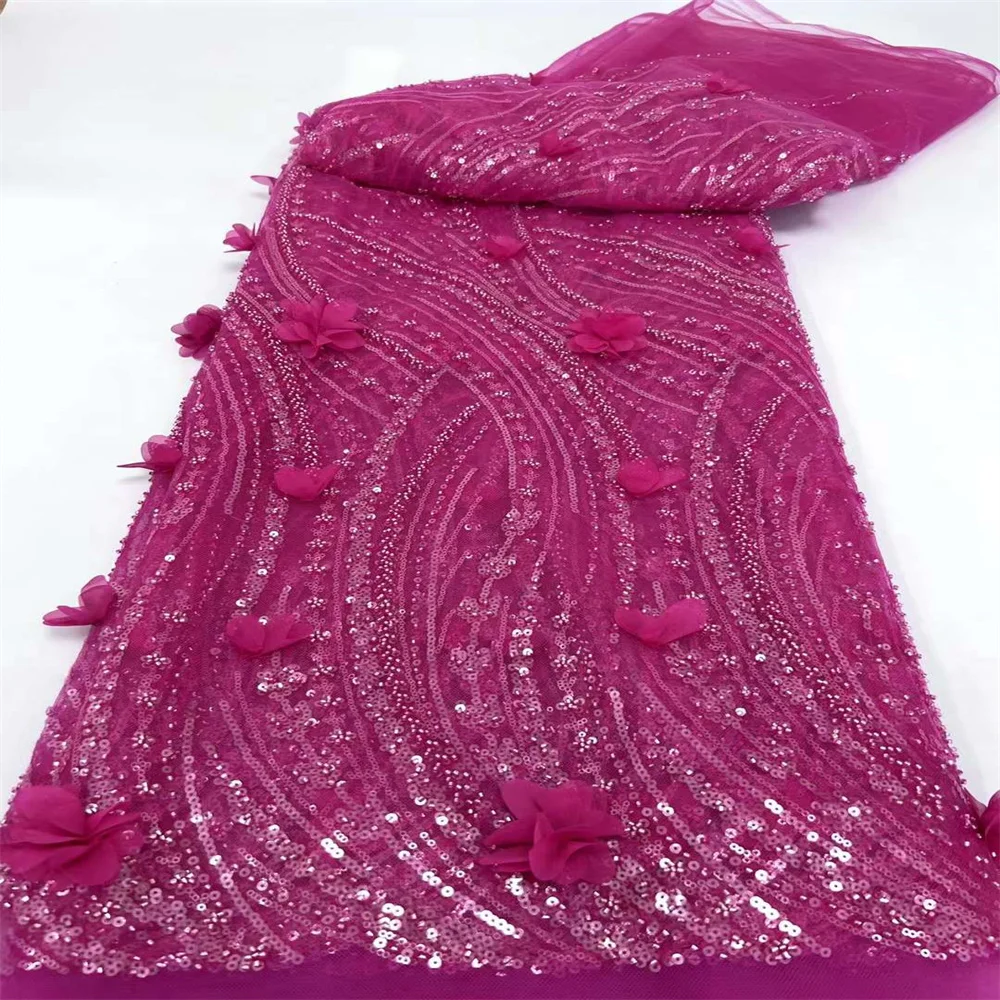

3D Flower African Sequins Lace Fabric 2024 Quality Embroidery French Beaded Mesh Fabric Nigerian For Women Wedding Party Dress