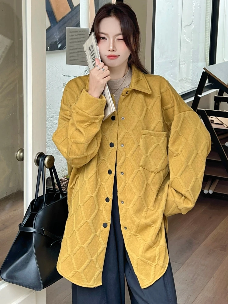 

Slimming Effect Diamond Pattern Loose Fit irt Collar Women's Faion Outerwear Casual Sle Long Sve Mid-Length Coat