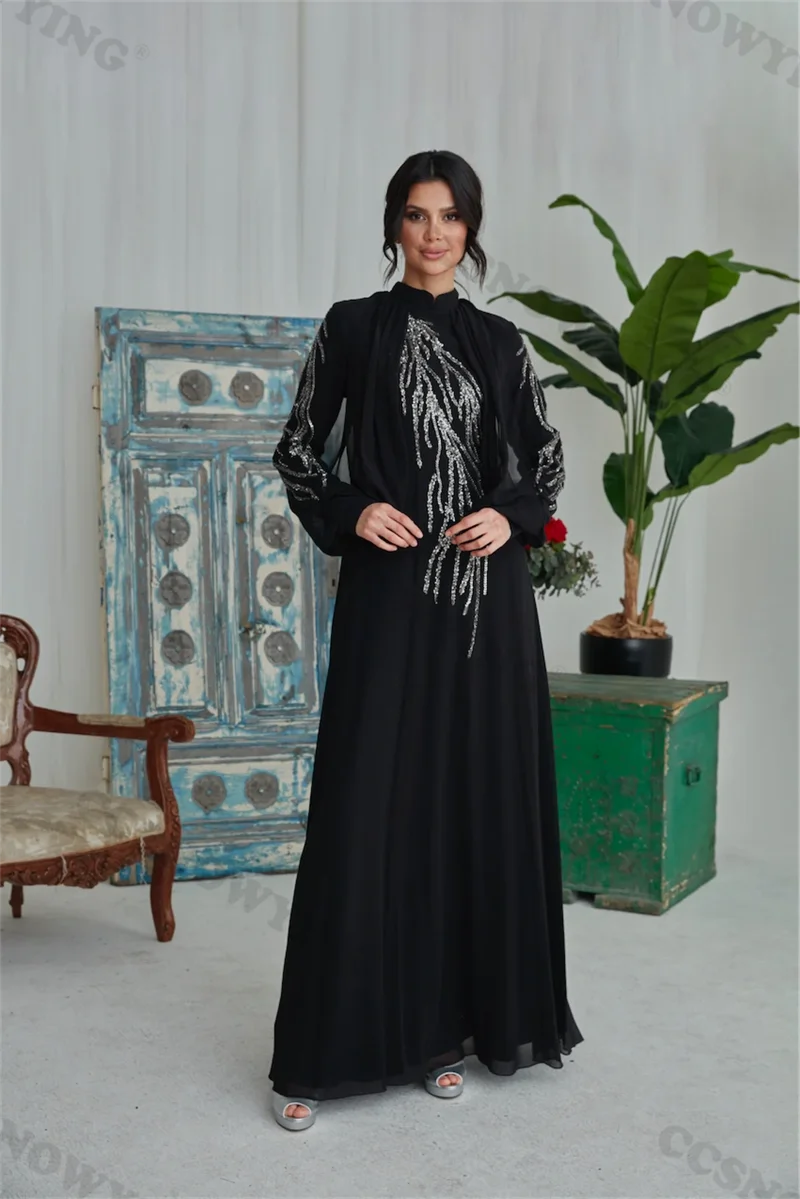 

Long Slee High Neck Appliques Chiffon Muslim Evening Dresses Formal Party Hijab Women Arabic Kaftan Robe