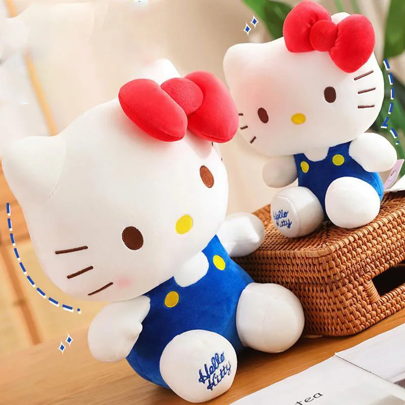 Official Sanrio Hello Kitty Plush Toy Classic Blue Overalls with Red Bow Stuffed Doll for Girls Birthday Gift Licensed Characte