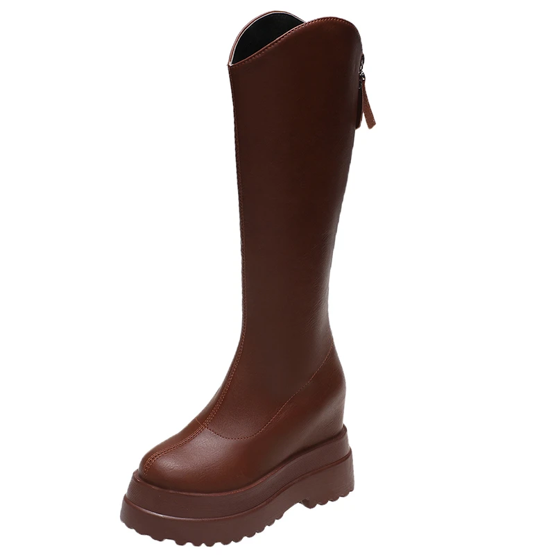 2022 Autumn Winter Long Boots Wedge Heels Knight Shoes Woman Leather Round Toe Women Zipper Knee-High Boots  Motorcycle Footwear