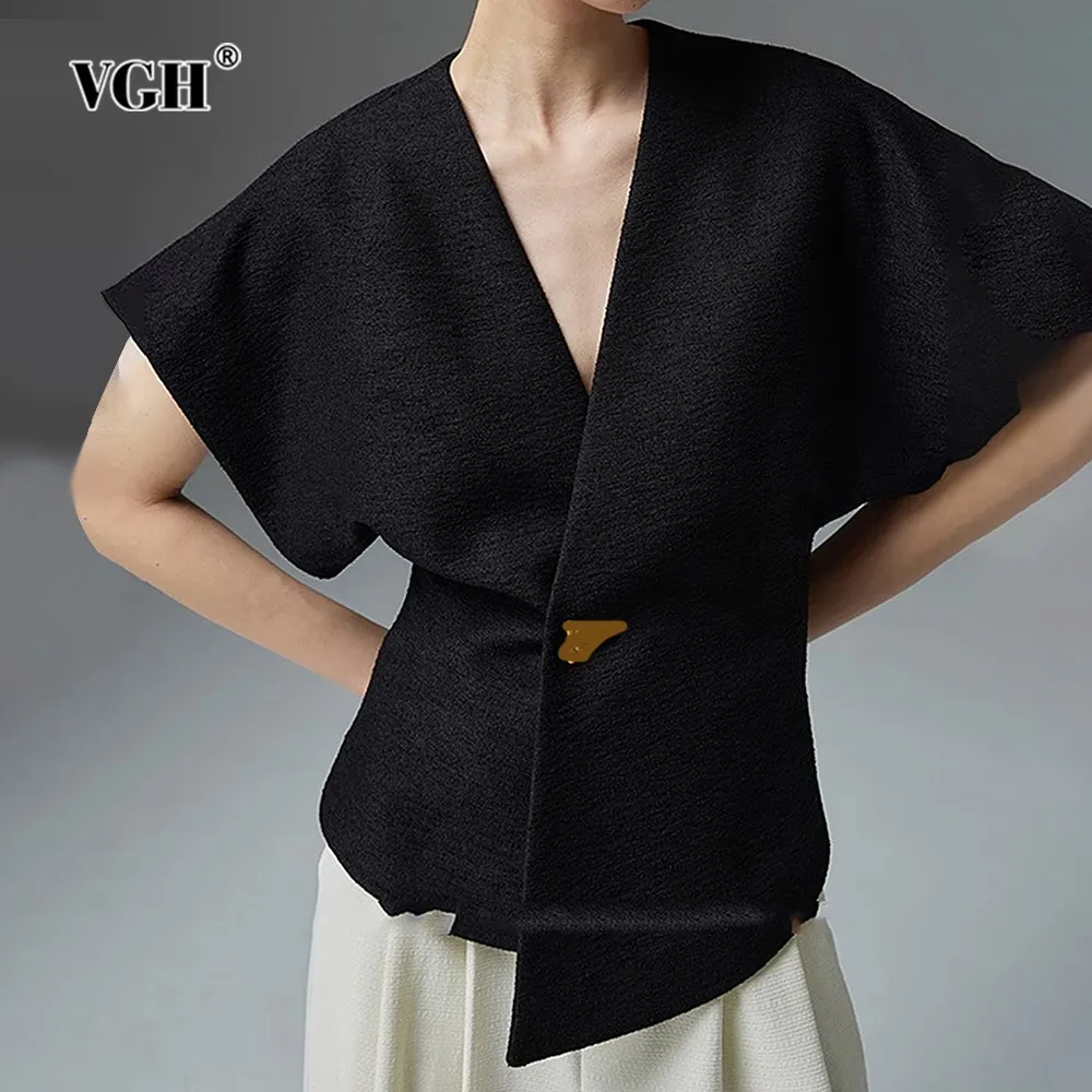 

VGH Solid Patchwork Metal Minimalist Waistcoat For Women V Neck Short Sleeve Tunic Casual Loose Waistcoats Female Fashion New