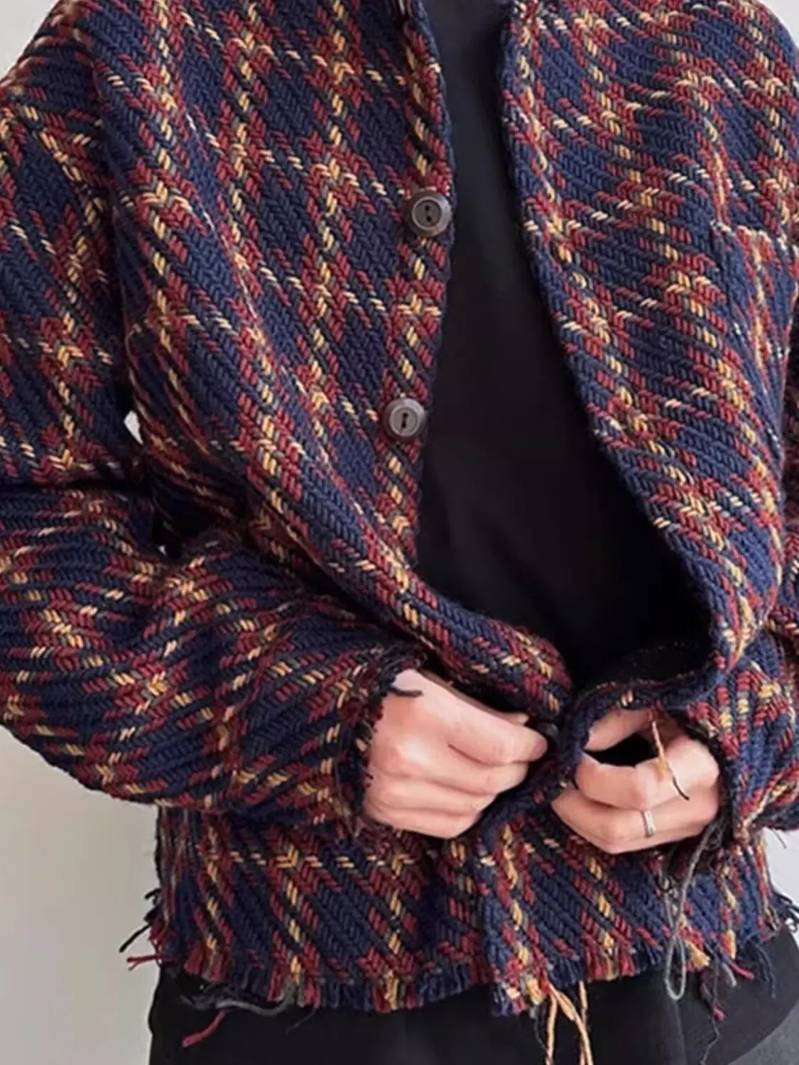 

American Retro Plaid Jaet Men's Autumn Winter Cool High-End Feeling Heavy Knitting Frayed Japanese Sle Outerwear for Men