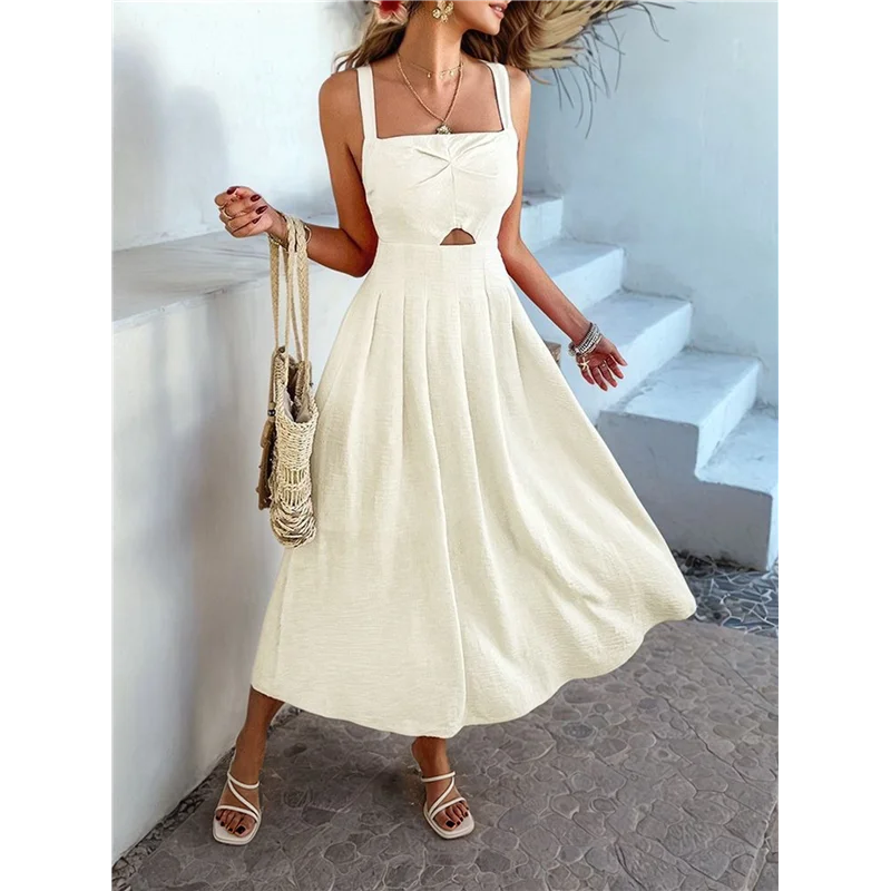 【SEE】 فستان نسائي بربطة أمامية وأزرار سفلية على شكل حرف A فستان صيفي بحزام سباغيتي متوسط الطول بطبعات زهور