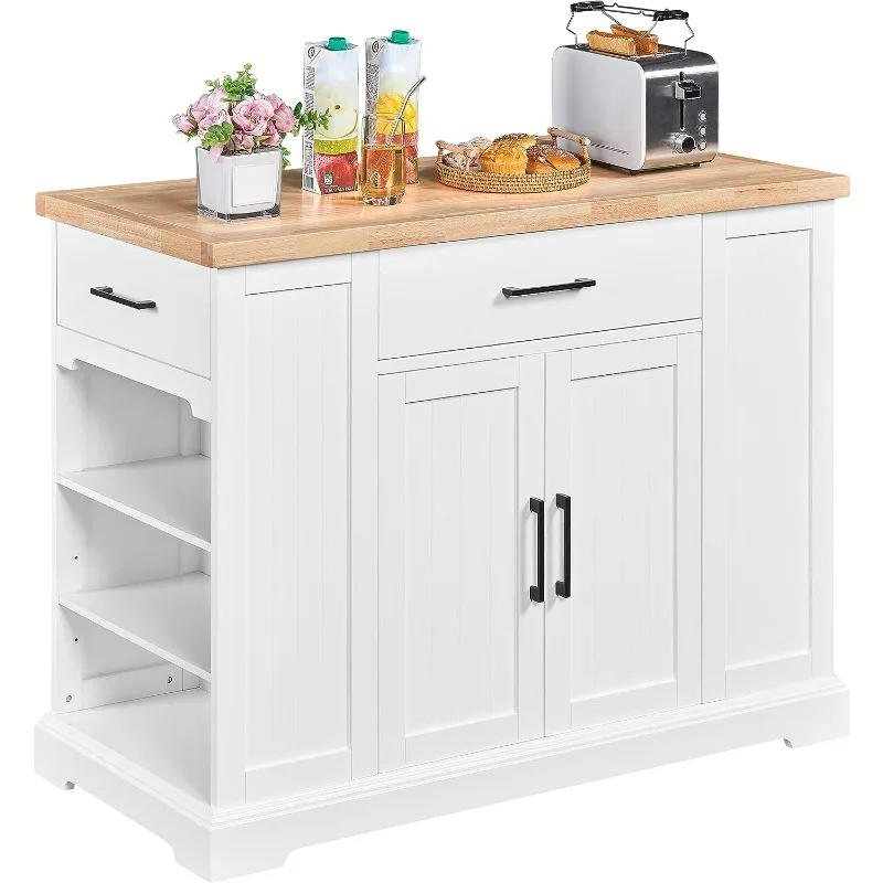 Rolling Kitchen Island Cart with 3 Drawers, Kitchen Storage Cabinet on Wheels with Open Shelves and Inner Adjustable Shelves