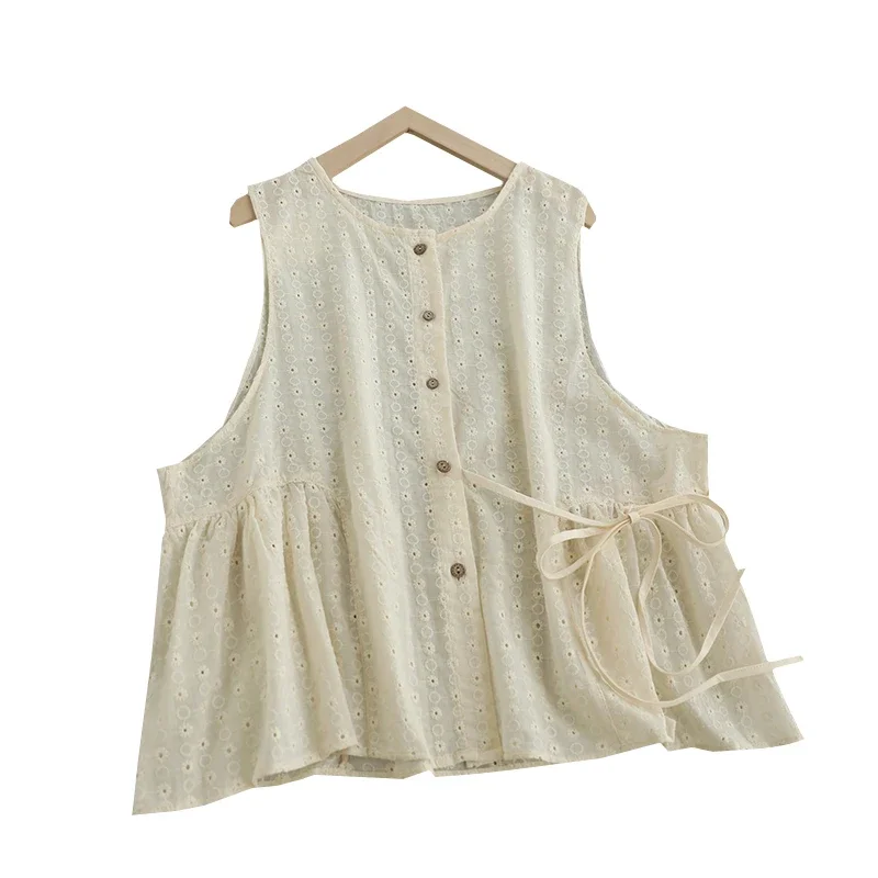 Spring Sweet Mori Girl Solid Color Hollow Out Embroidery Vest Women Korean Style Thin Sleeveless Tank Tops