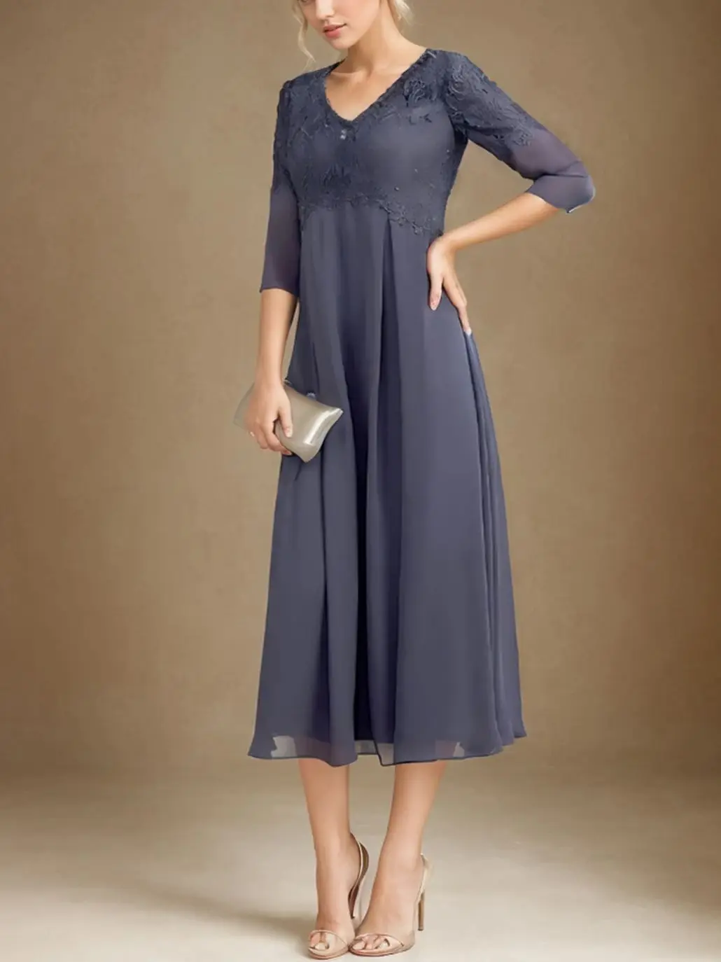 Elegant A-Line Mother of the Bride Dress V Neck Tea Length Chiffon 3/4 Sleeve Ruffles Appliques Plus Size 2025 Free Customized