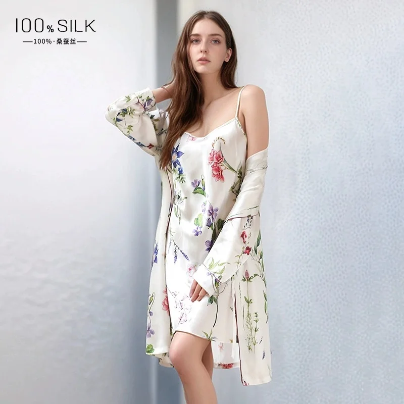 New summer silk spray-painted bathrobe for women, 100% mulberry silk nightdress and bathrobe two-piece set, light luxury loungew