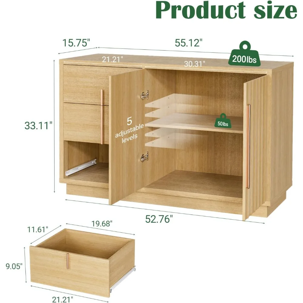 溝付きビュッフェサイドボードキャビネット（収納付き）、55インチモダンなクレデンザ収納キャビネット（3つの引き出し、2つのドア、調節可能な棚付き）