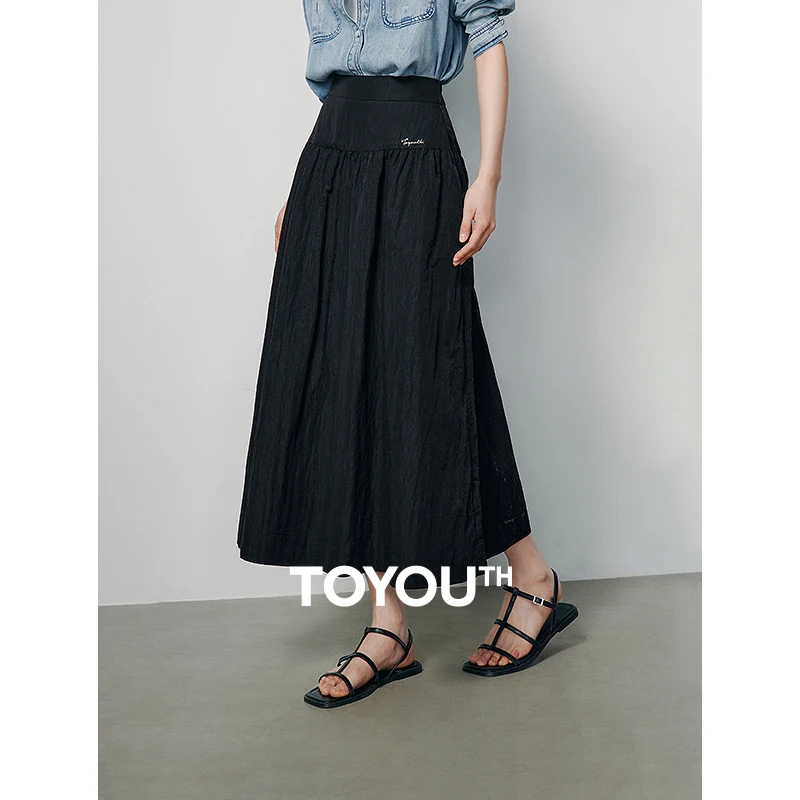 TOYOUTH Women Skirt 2024 Spring New Pleats Askew High Elastic Waist A-Line Pocket Skirt Umbrella Skirt