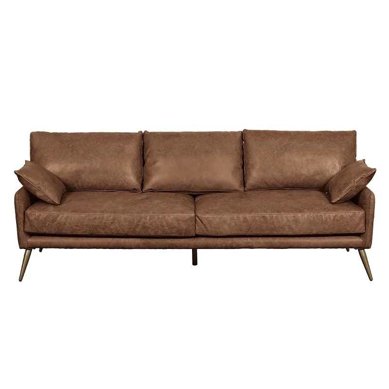 

Minimalist living room three-person small apartment straight row all leather cowhide retro medieval sofa